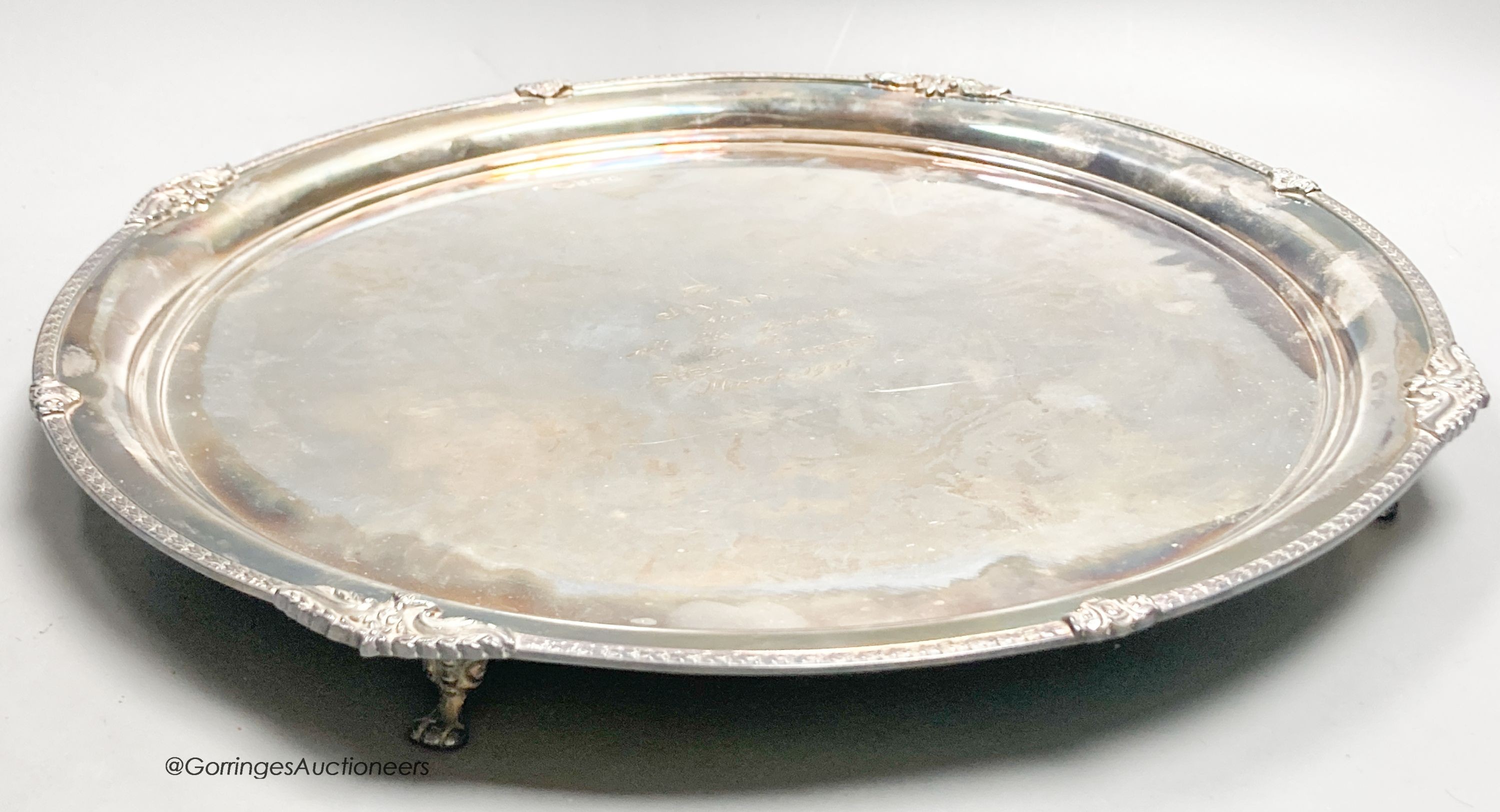 A 1960's silver circular salver with engraved inscription, Sheffield, 1960, 37cm, 38oz.